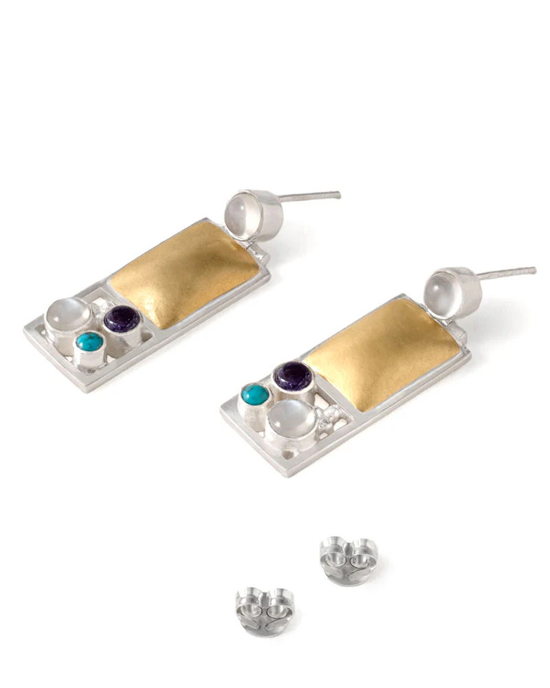 Art & Design Josef Hoffmann Vienna Earrings with Moonstone, Iolite & Turquoise - Image 6