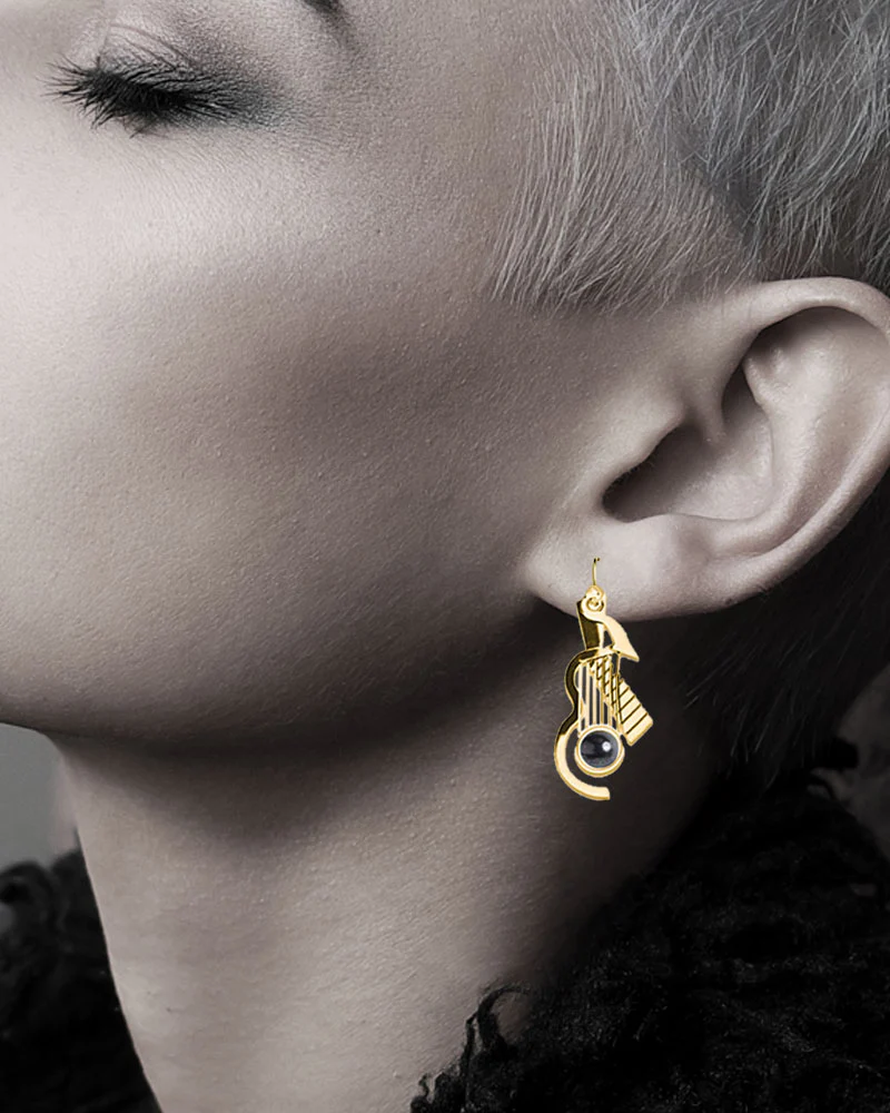 Cubist Guitar Black Glass Bead Earrings - Brass - Image 3